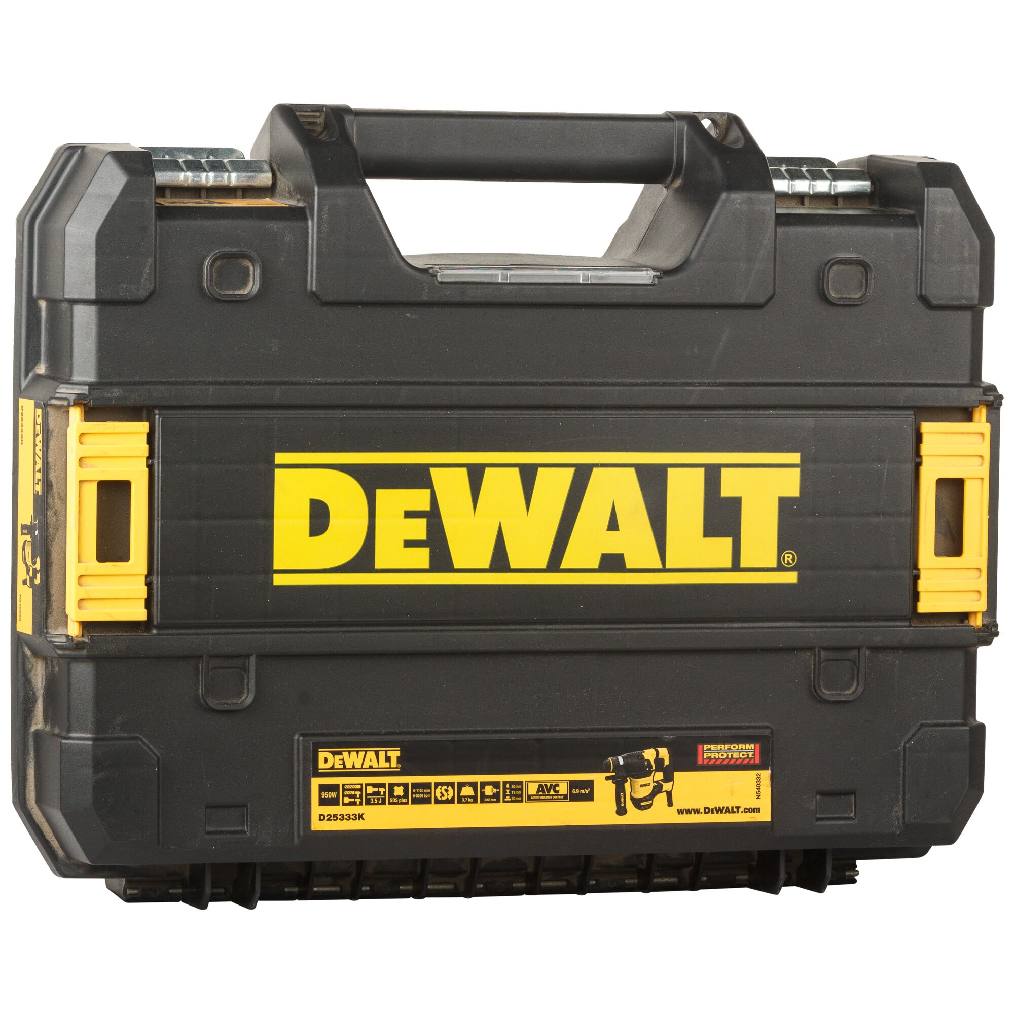 A black hard plastic carrying case with a handle, featuring the DEWALT logo in yellow on the front. The case is designed for storing tools and has yellow accents near the latches.
