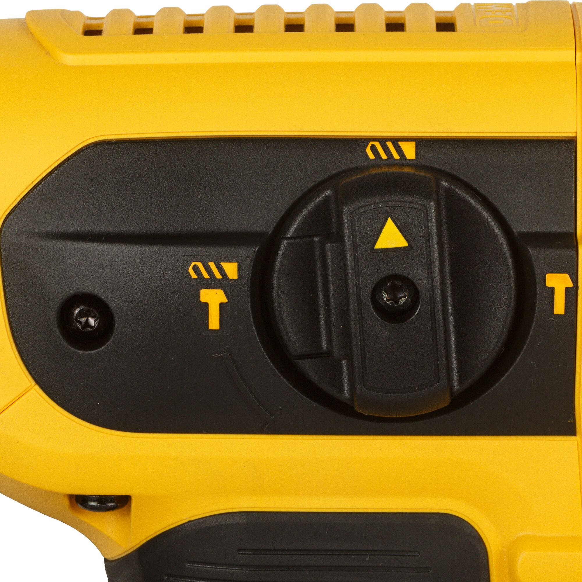 Close-up view of a DEWALT power tool control dial, featuring yellow and black colors with labeled settings and a triangular indicator.