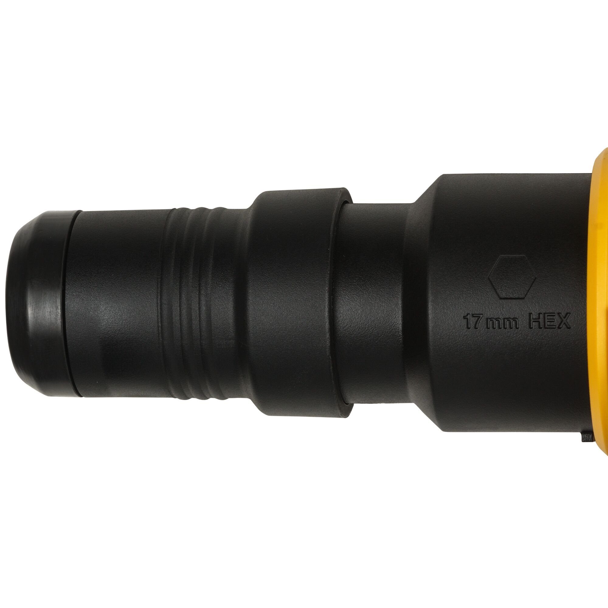 Close-up image of a DEWALT tool part, showing the black cylindrical section marked with '17 mm HEX' and a hexagonal symbol, attached to a yellow-colored housing.