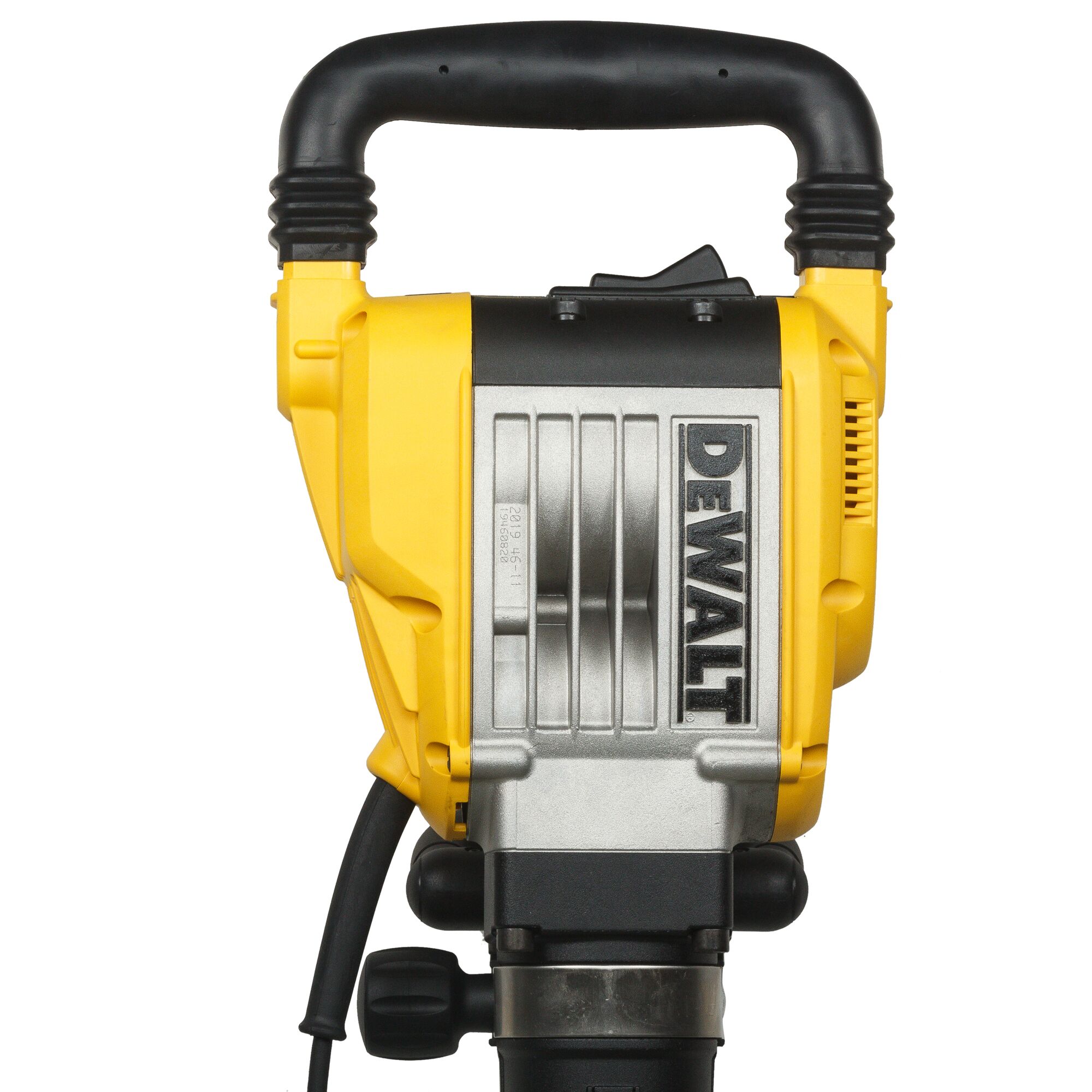 Front view of a DEWALT electric demolition hammer, model D25961K, featuring a sturdy handle and yellow and silver housing.