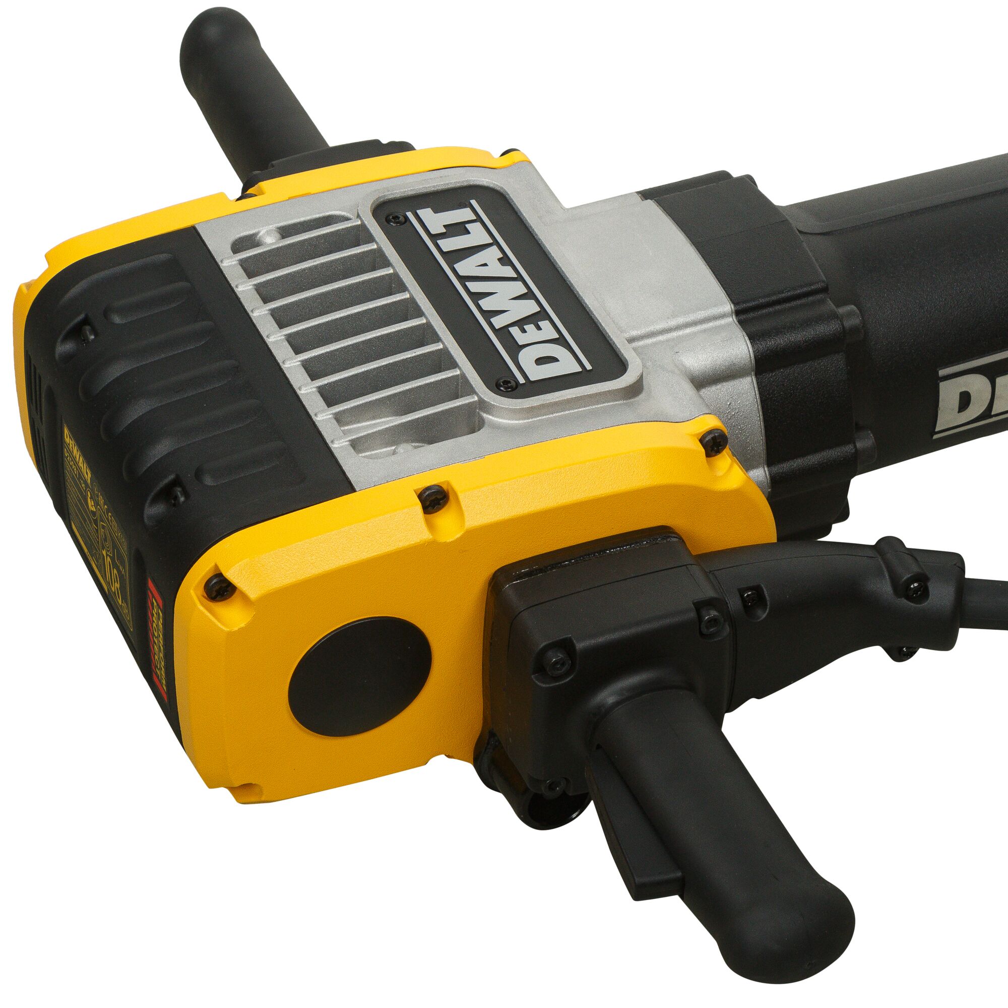 Close-up view of a DEWALT demolition hammer featuring a yellow and black casing, dual handles, and visible branding on the metal body.