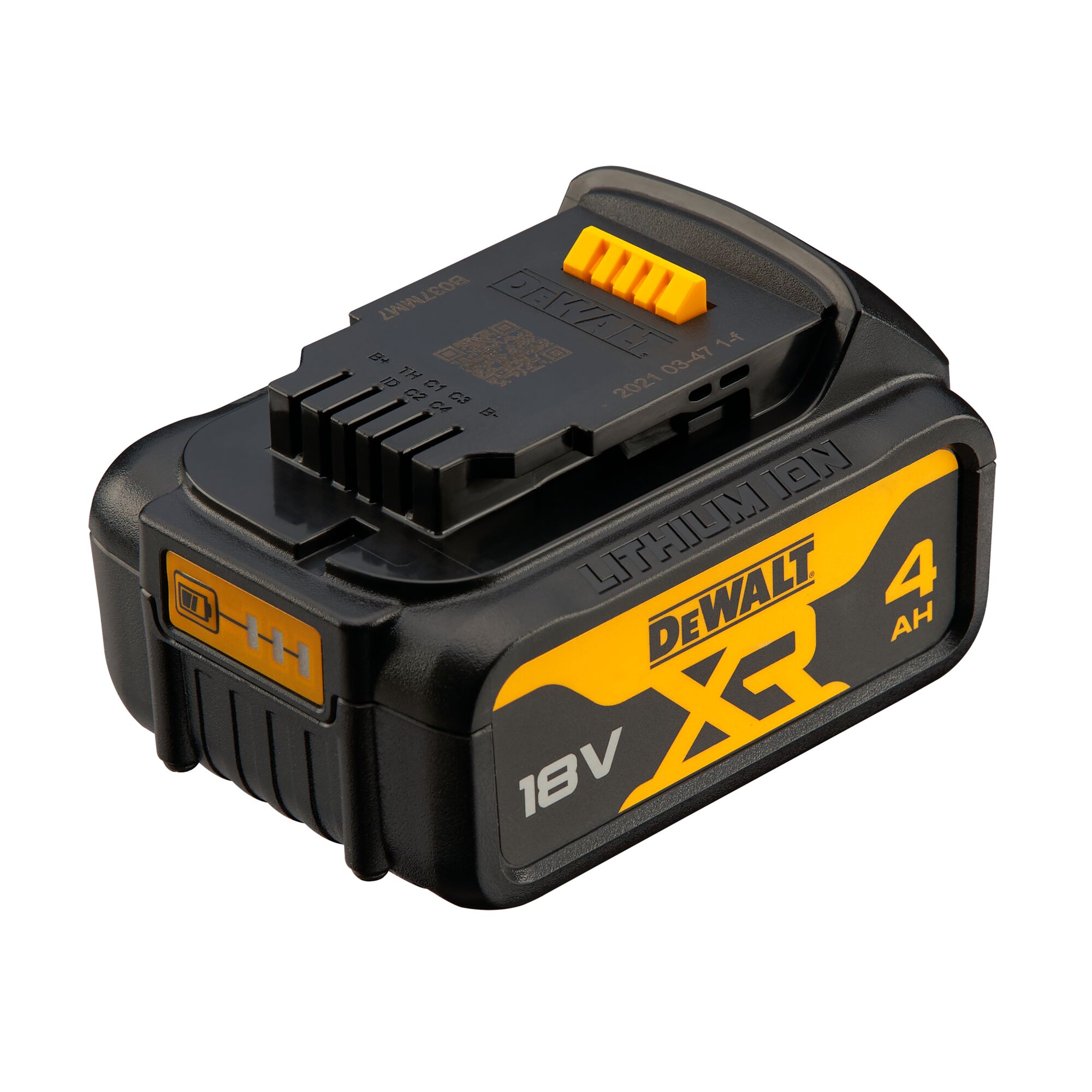 A DEWALT XR 18V lithium-ion rechargeable battery with a capacity of 4 Ah, featuring black and yellow design and labeled with the brand and specifications.