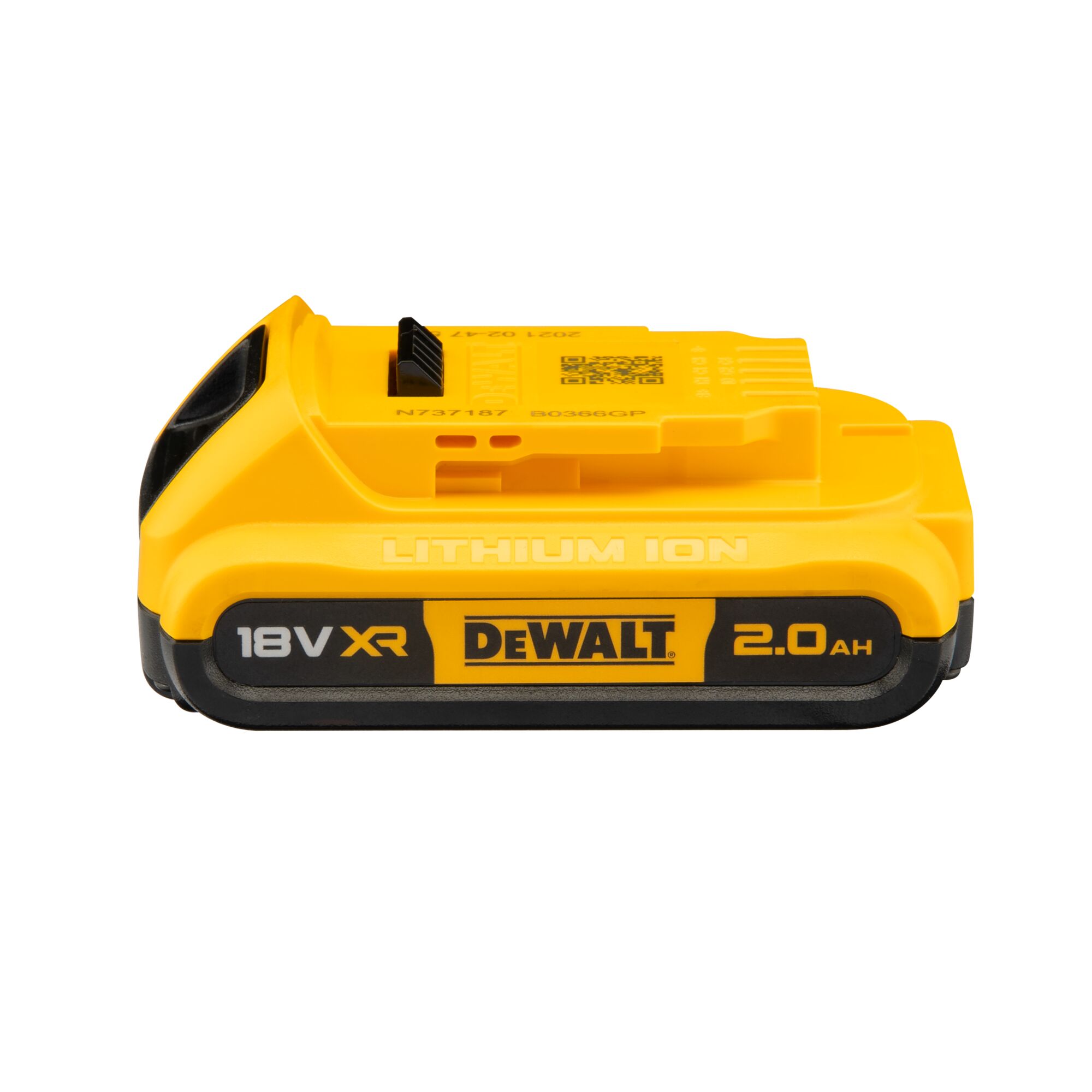 Side view of a yellow DEWALT 18V XR lithium-ion battery pack with 2.0 Ah capacity, model DCB183.