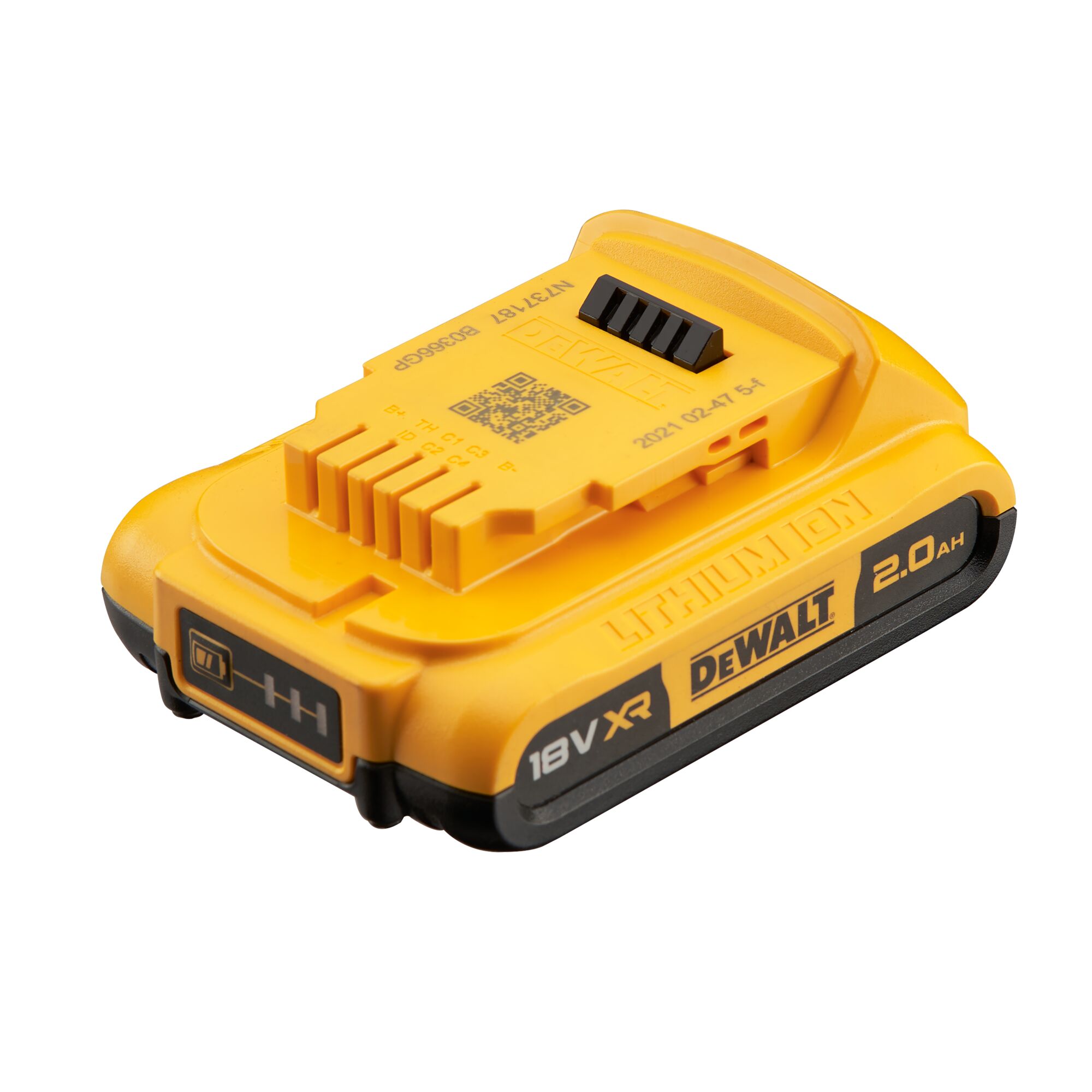 A yellow DEWALT rechargeable lithium-ion battery, model DCB183, with 18V XR and 2.0Ah capacity, designed for power tools.