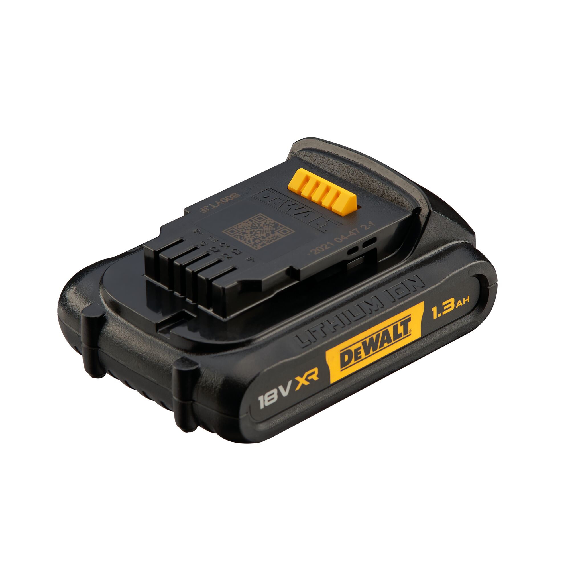 A DEWALT DCB185 18V XR lithium-ion rechargeable battery with 1.3Ah capacity, shown in close-up against a white background.