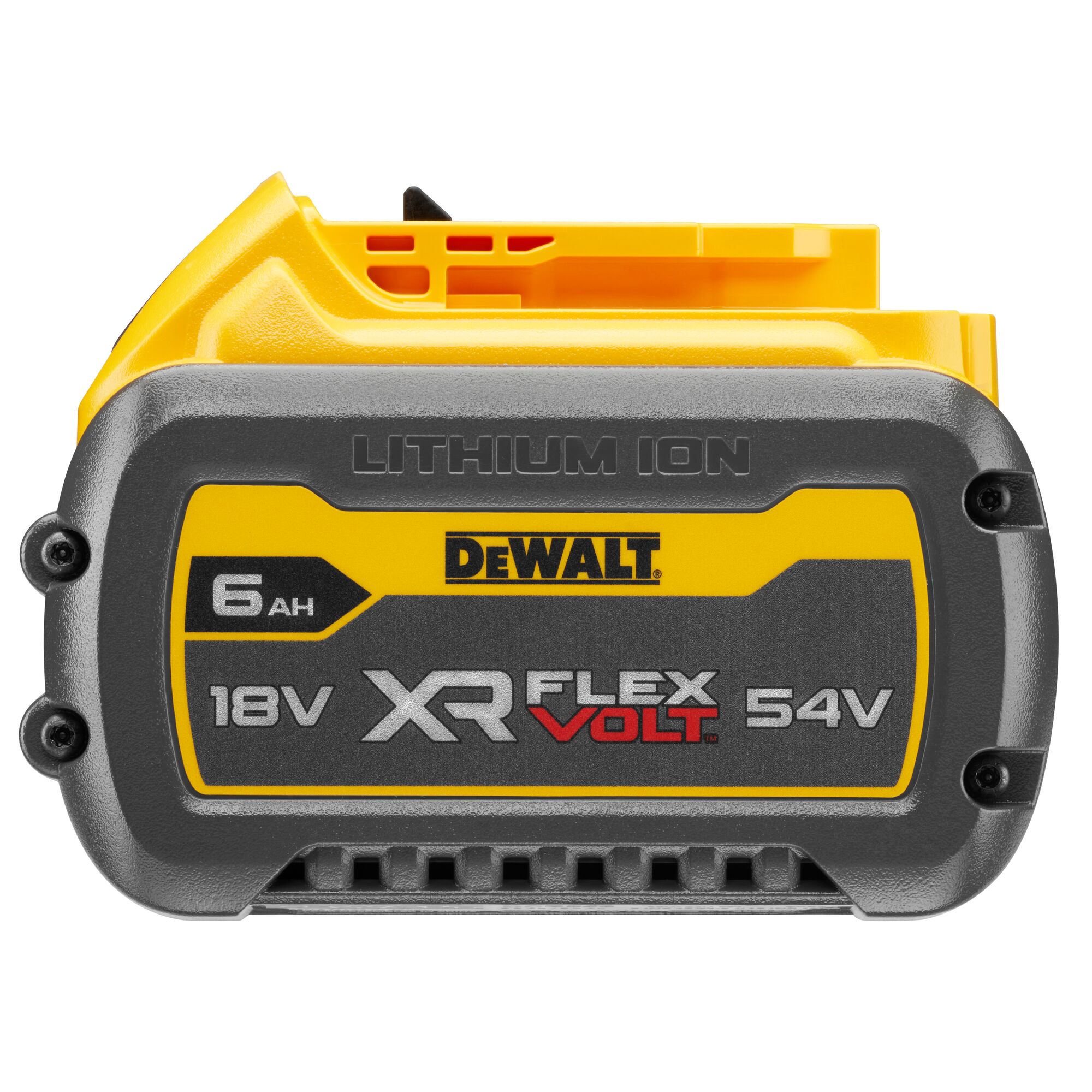 Front view of a DEWALT XR FLEXVOLT lithium-ion battery, model DCB546, featuring 6 Ah capacity and voltage ratings of 18V and 54V. The battery is yellow and black with visually distinct branding and technical specifications.