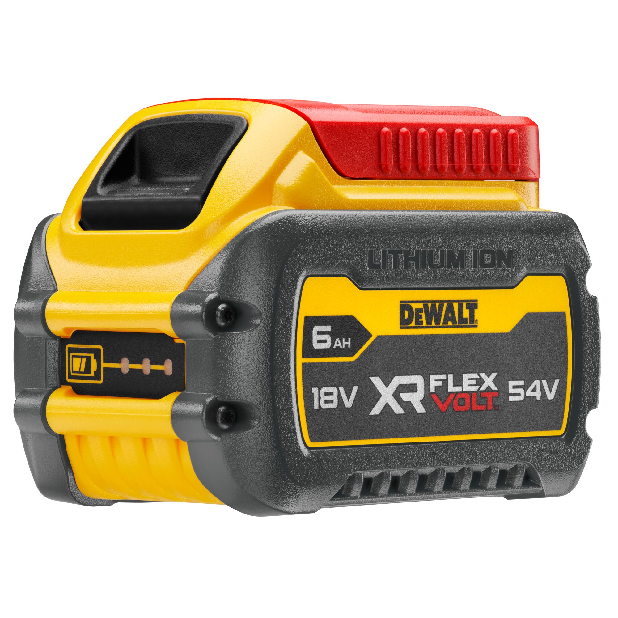 DEWALT XR FlexVolt 18V/54V lithium-ion battery pack, model DCB546, with a 6AH capacity. The battery has a yellow, black, and red casing and labeled power indicator.