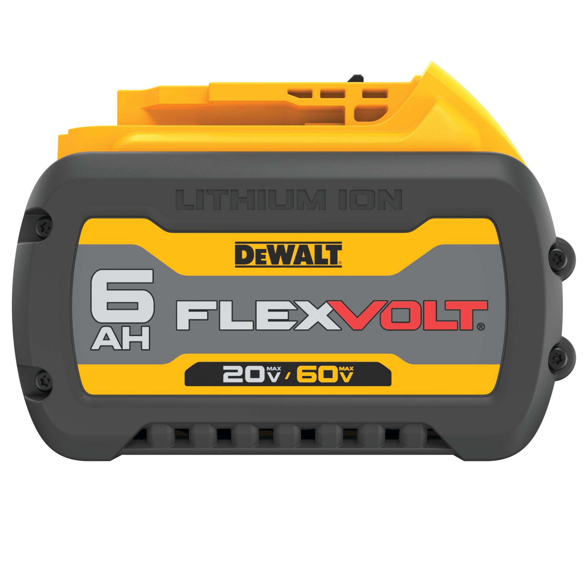 DEWALT FLEXVOLT lithium ion battery pack with a capacity of 6 amp hours, labeled for 20V and 60V max power.