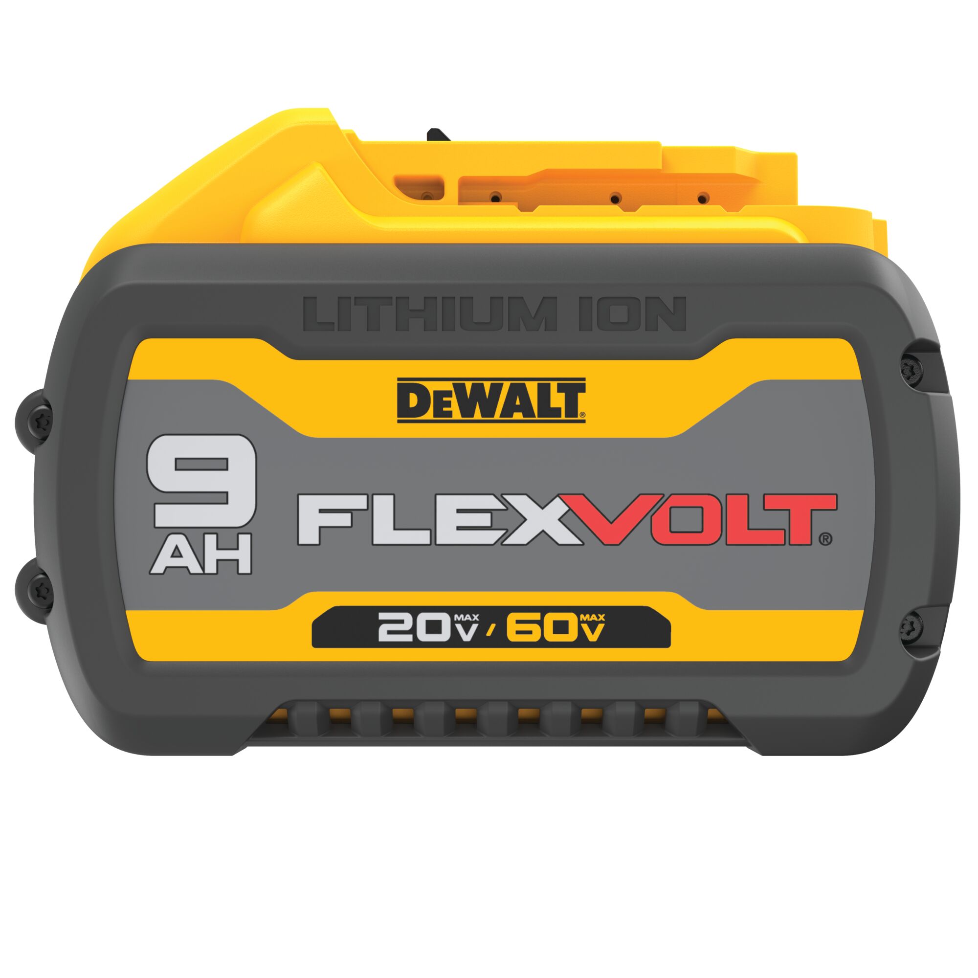 DEWALT FLEXVOLT lithium ion battery with a capacity of 9 amp hours (AH), displaying voltage options of 20V and 60V. The battery is primarily yellow and gray with black and red accents.