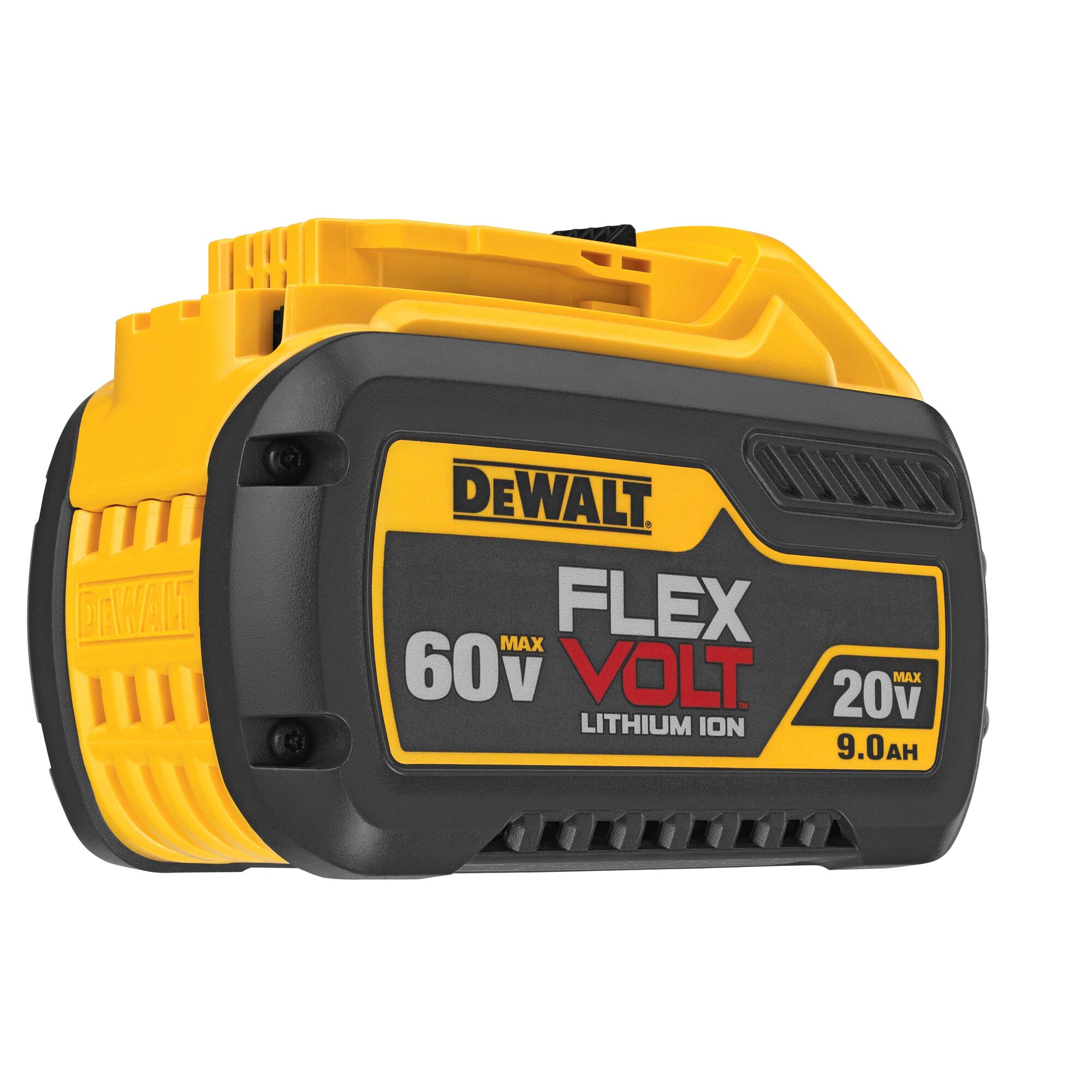 A DEWALT FlexVolt lithium-ion battery pack with 60V max and 20V max ratings, and a capacity of 9.0 Ah. The battery is yellow and black with the DEWALT logo prominently displayed.