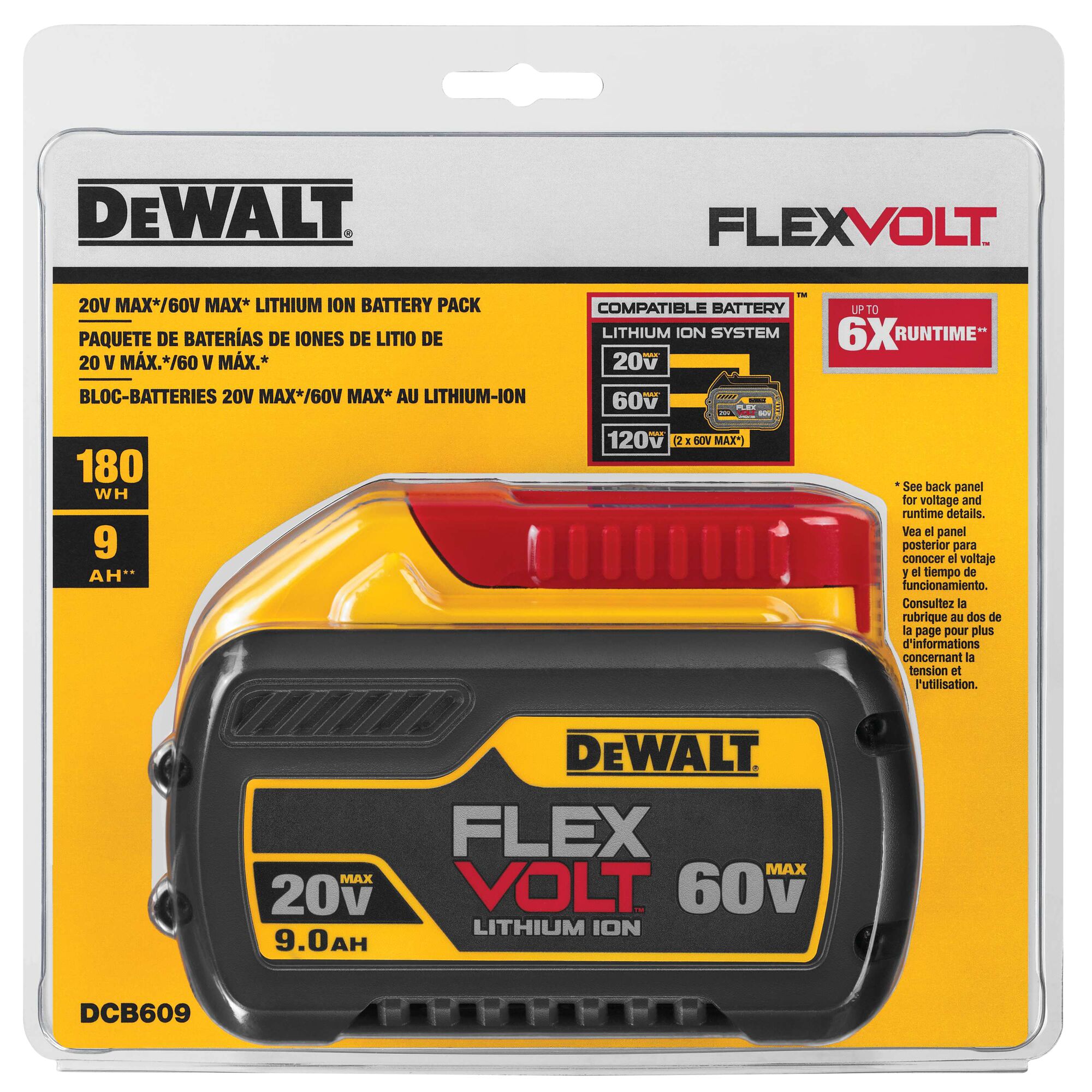 DEWALT FLEXVOLT lithium-ion battery pack, 20V/60V max, 9.0Ah, in retail packaging.