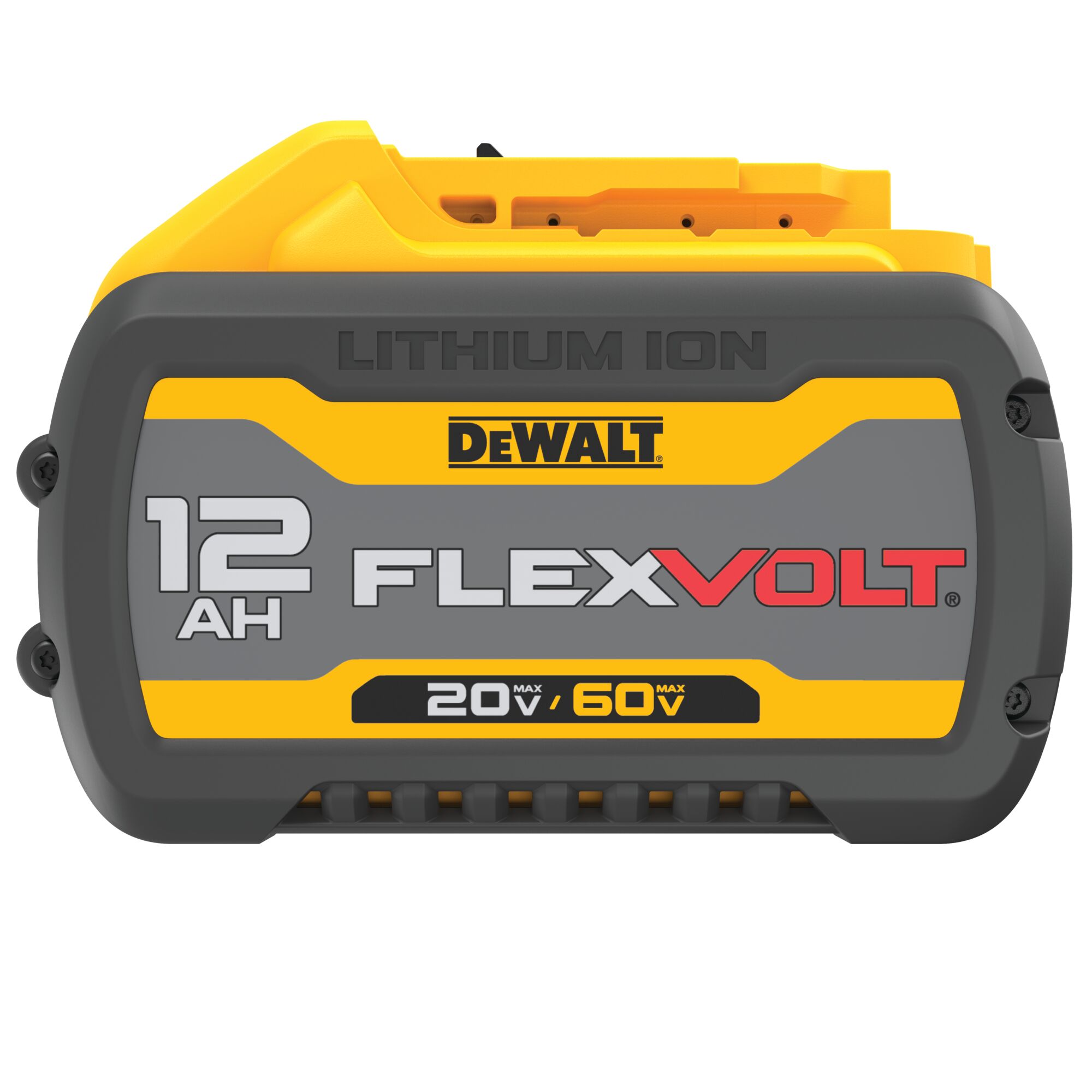 DEWALT FLEXVOLT 12 AH lithium ion battery, 20V/60V max, shown in yellow and grey casing.