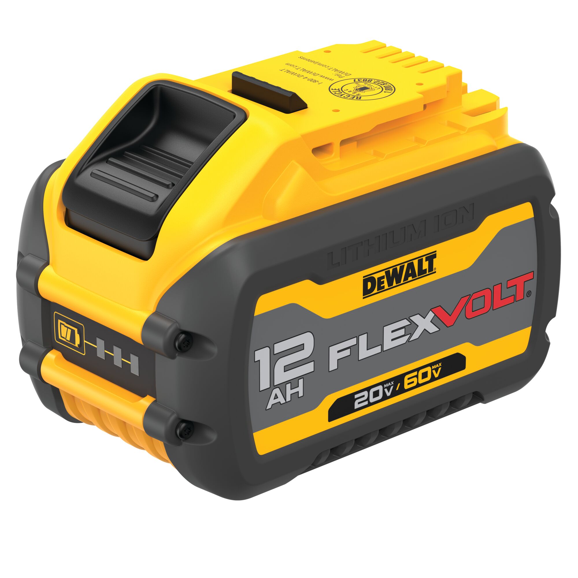 A DEWALT FLEXVOLT lithium-ion battery pack with 12 amp hours, labeled for 20V and 60V max, featuring a black and yellow design.