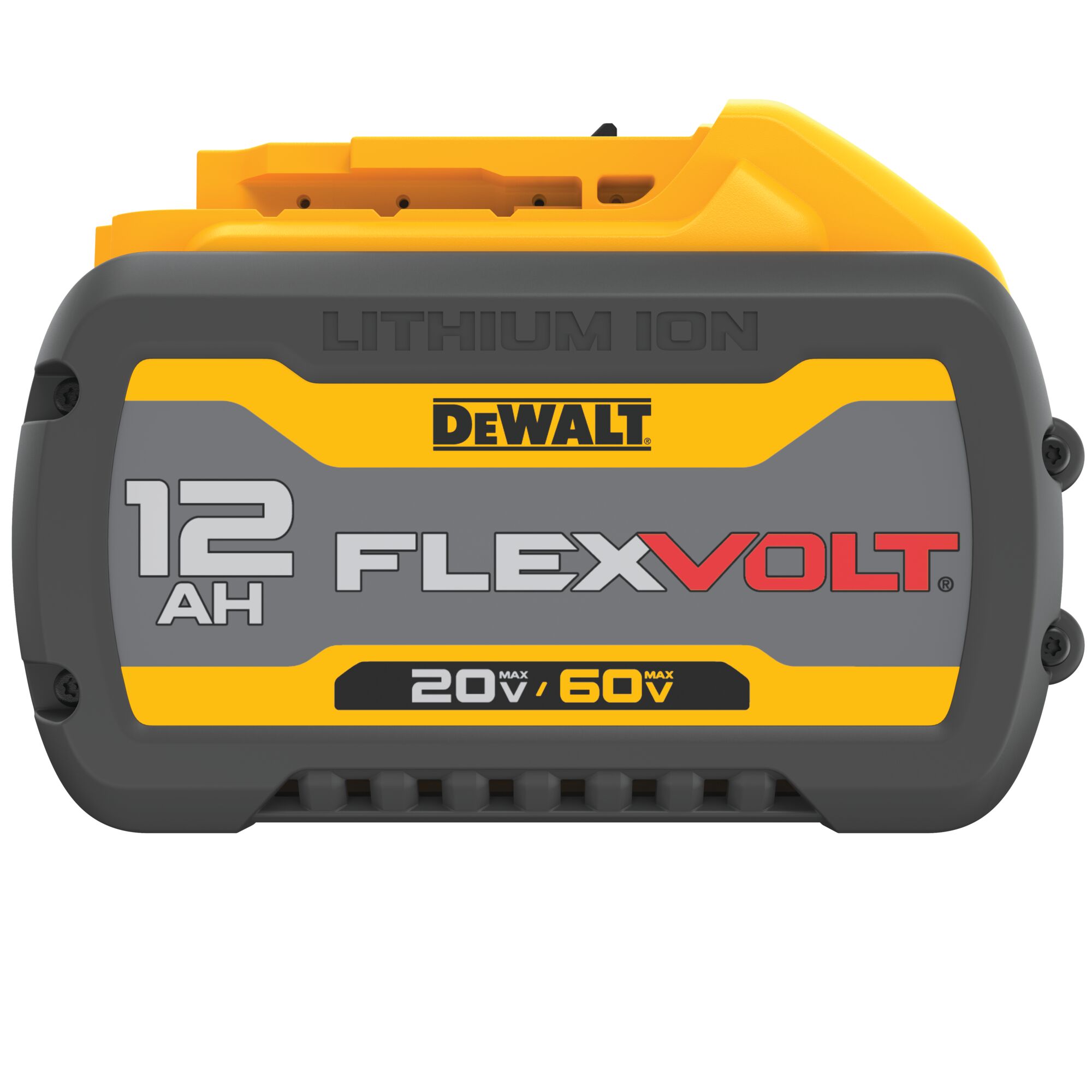 DEWALT FLEXVOLT lithium ion battery, model DCB612, with a capacity of 12 Ah and voltage of 20V/60V max. The battery has a grey and yellow design and the brand logo is visible.
