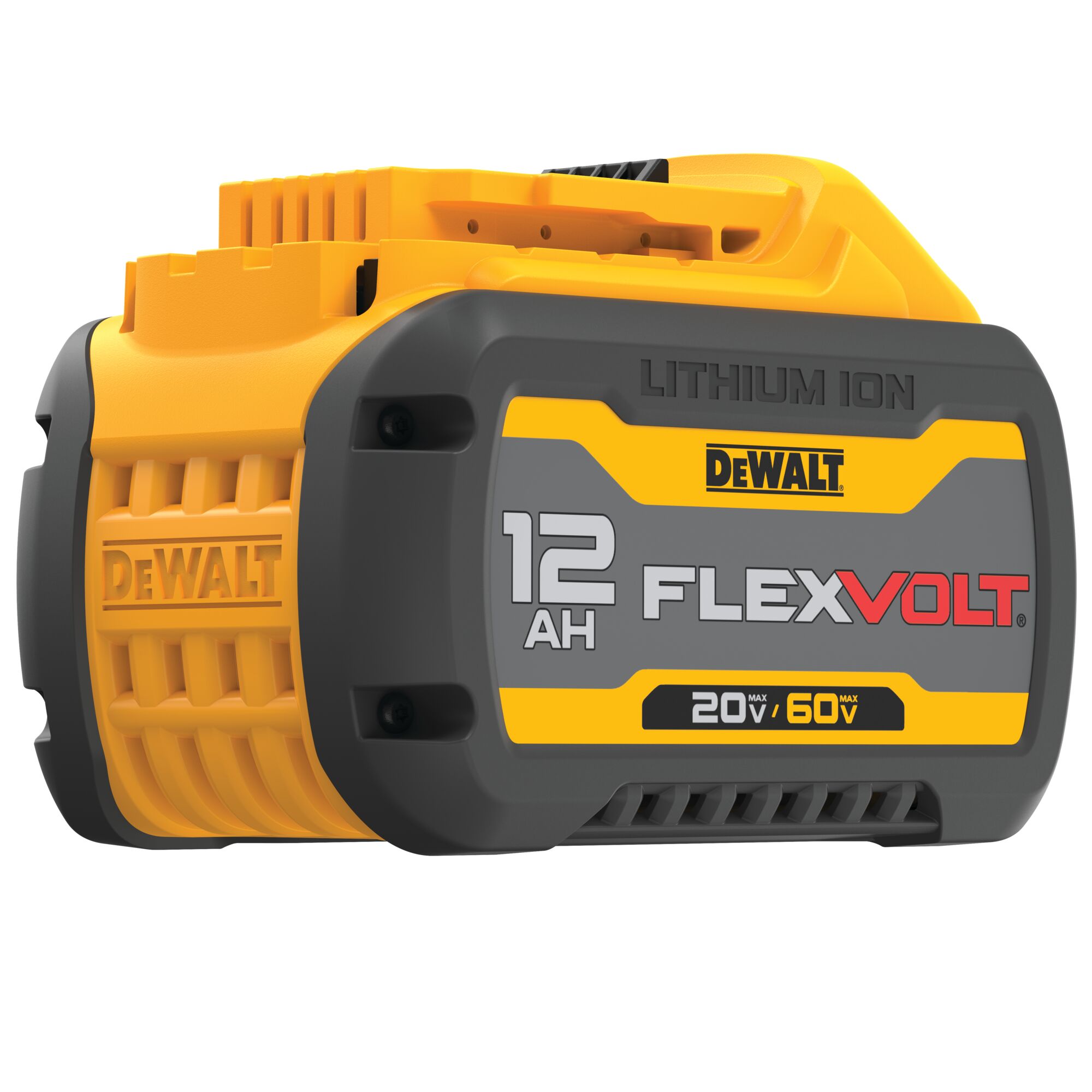 A DEWALT FlexVolt Lithium Ion battery pack with 12Ah capacity, labeled for 20V/60V max, shown in yellow and black colors.