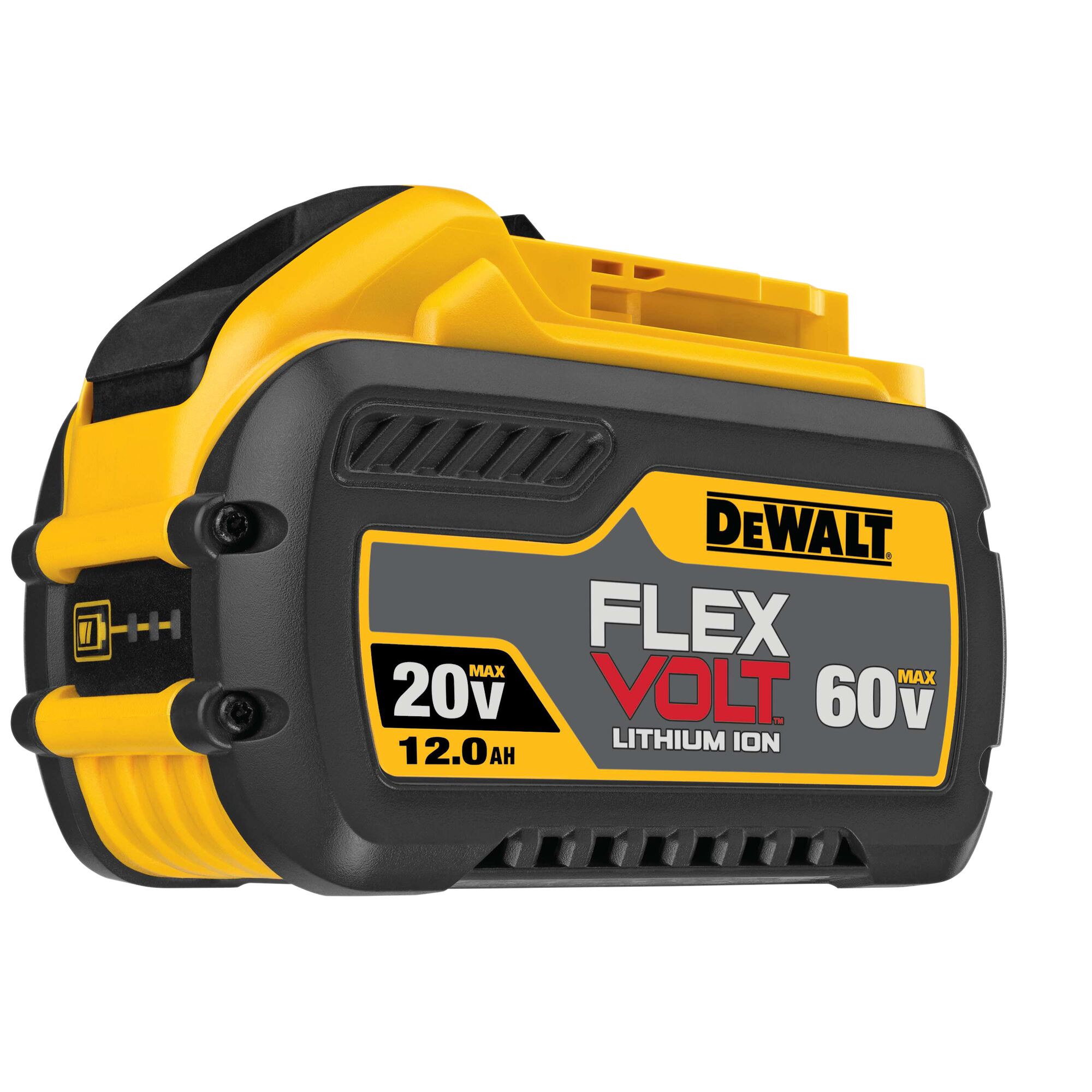 DEWALT FlexVolt 20V/60V lithium-ion battery pack, model DCB612, featuring 12.0 Ah capacity and yellow-black design.