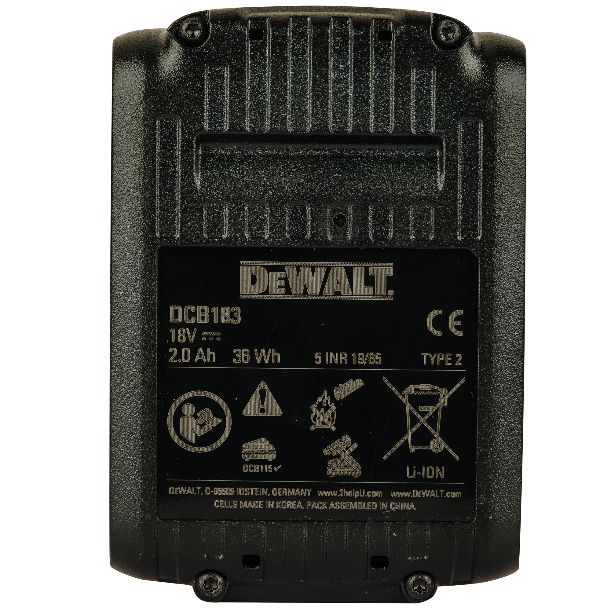 Close-up image of a black DEWALT DCB183 lithium-ion battery for power tools. The battery features the DEWALT logo, technical specifications including 18V, 2.0Ah, and 36Wh, and several warning and recycling symbols printed on its surface.