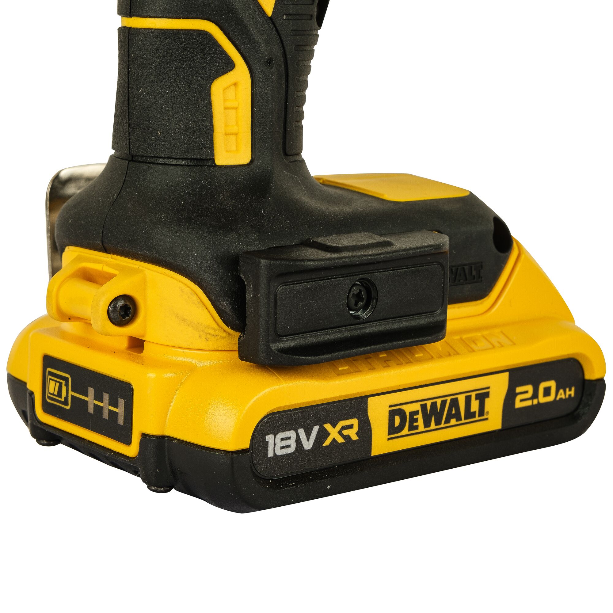 Close-up image of the lower part of a DEWALT cordless power tool, showing the 18V XR 2.0Ah rechargeable battery attached to the tool. The battery is yellow and black, and features clear branding and specifications.
