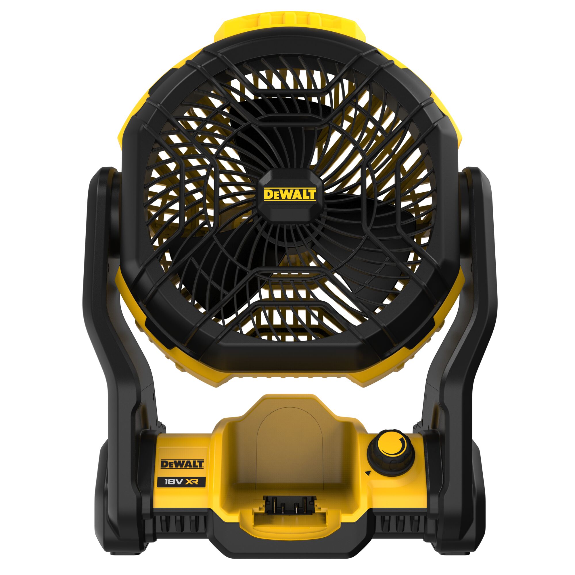 Front view of a DEWALT portable cordless fan, model DCE512N, featuring a black and yellow design with a protective grille and adjustable stand.