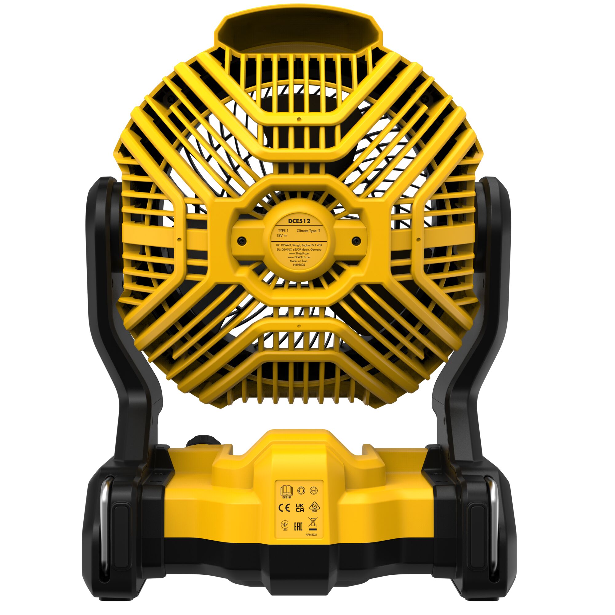 Rear view of a DEWALT portable yellow and black battery-powered fan with a protective grille and adjustable stand.