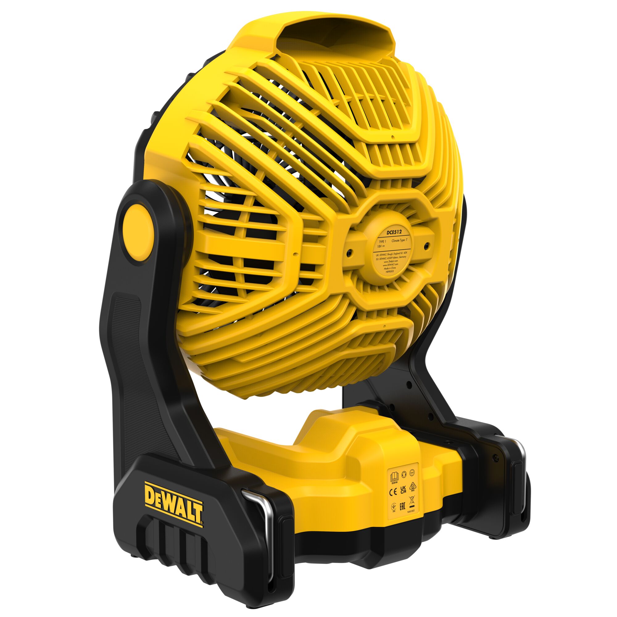 A DEWALT portable yellow and black cordless fan, shown from a side angle. The fan features a sturdy base, protective front grill, and ergonomic handle design.