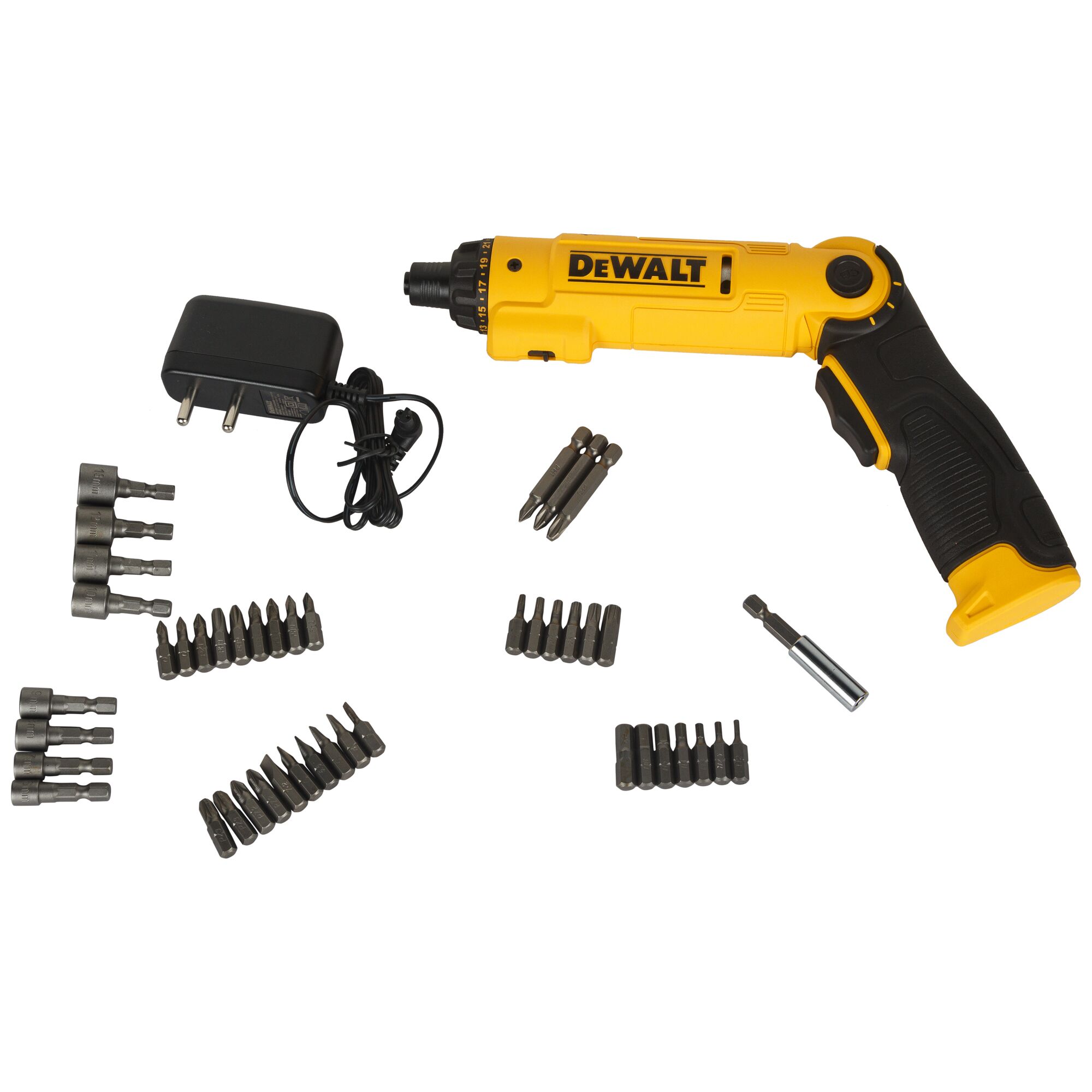 A DEWALT branded yellow and black electric screwdriver set with multiple screwdriver bits, socket attachments, a charger, and an extension bit arranged on a white background.