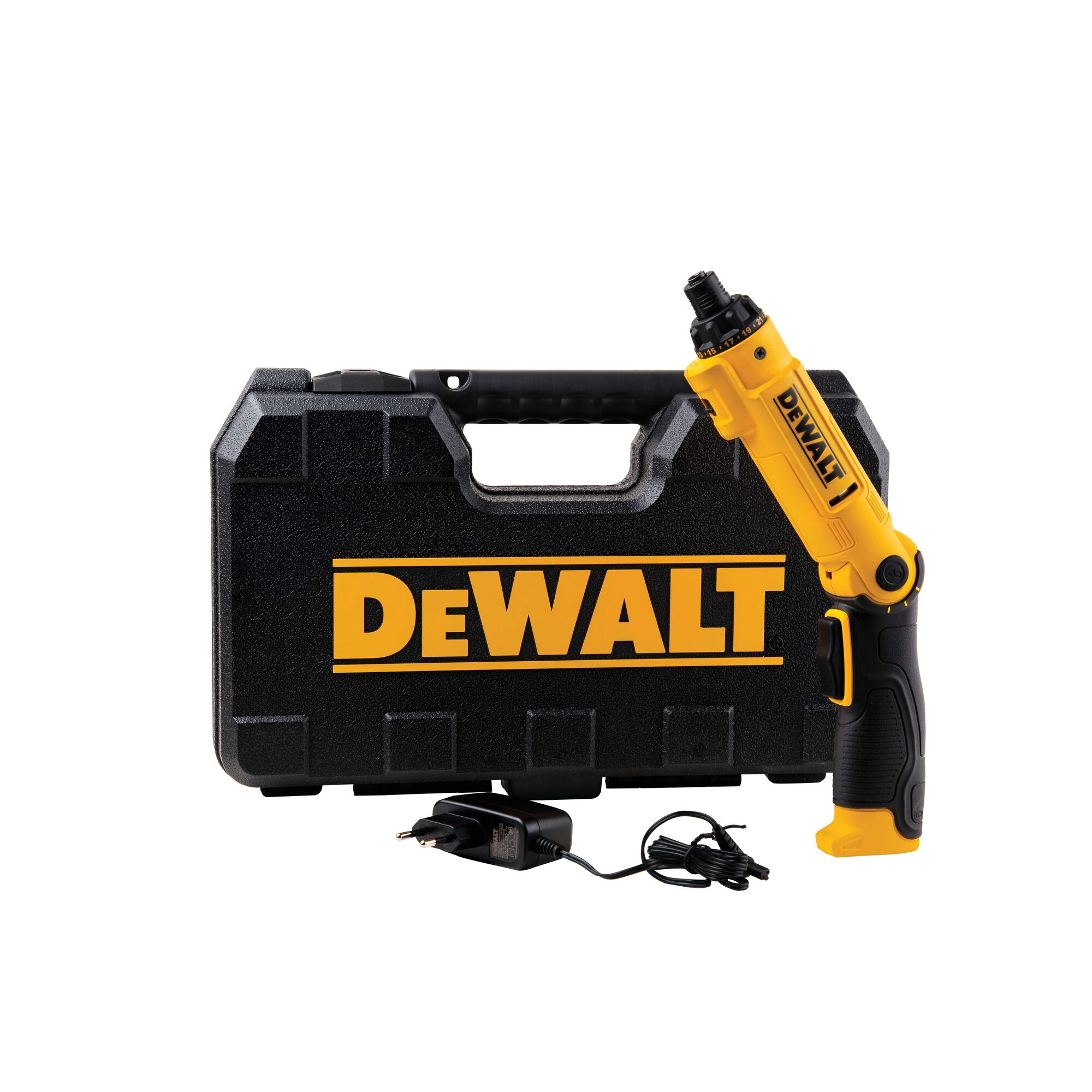 A DEWALT electric screwdriver kit, including a yellow and black cordless screwdriver, a black hard plastic carrying case with the DEWALT logo, and a black battery charger.