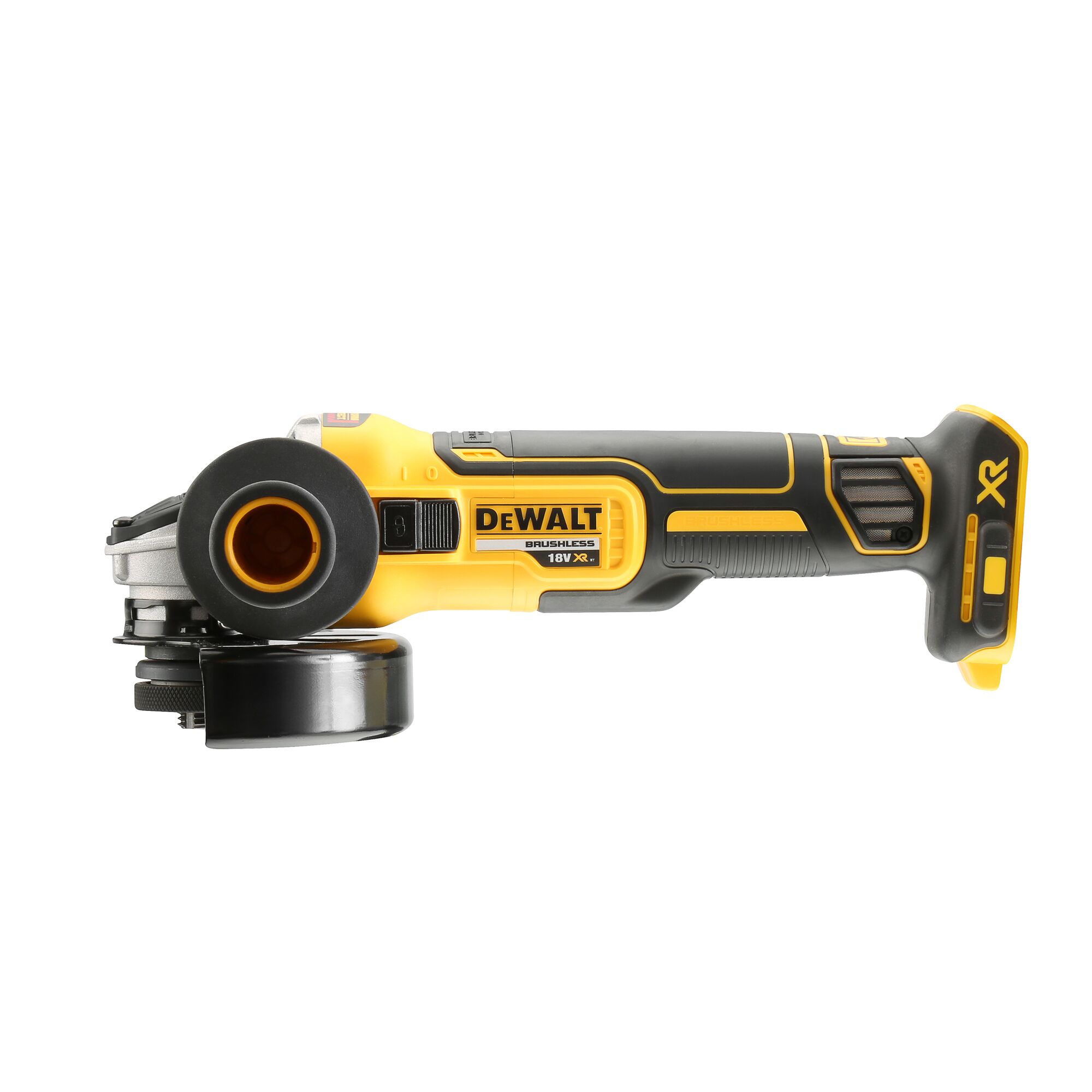 A cordless DEWALT 18V XR brushless angle grinder with a yellow and black design, shown from the side.