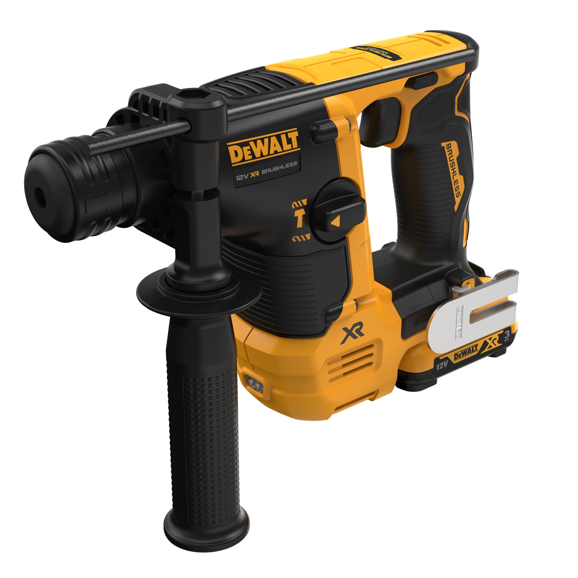 A DEWALT 12V XR Brushless cordless rotary hammer drill with a black and yellow design, side handle for stability, and visible battery pack attached at the base.