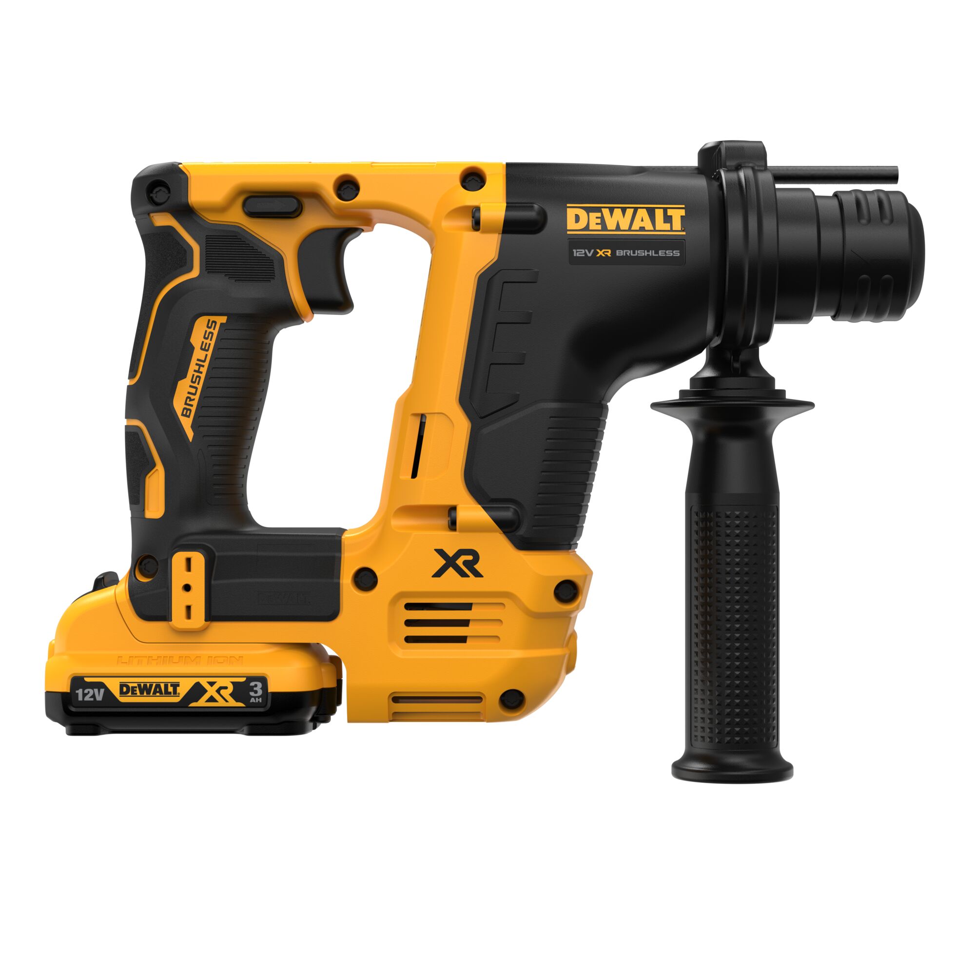 A DEWALT 12V XR brushless rotary hammer drill, featuring a yellow and black design with a side handle and a lithium-ion battery pack at the base. The product is photographed against a white background.