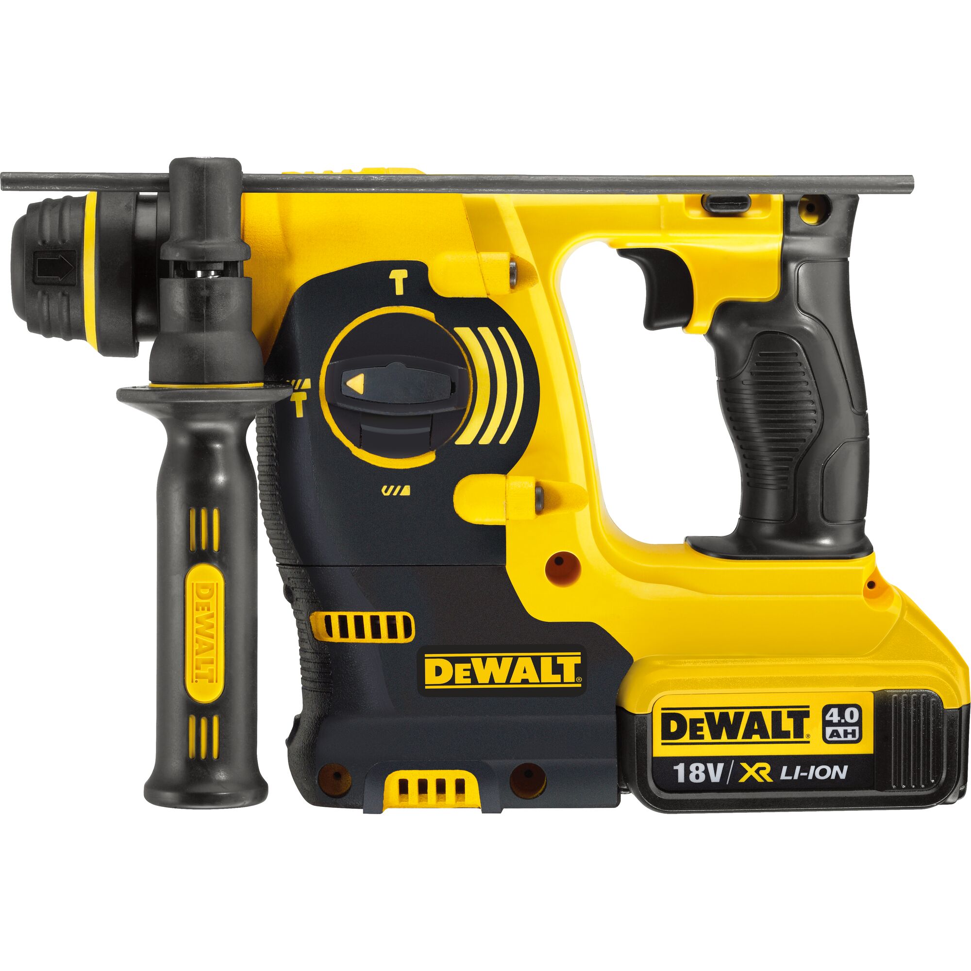 DEWALT cordless rotary hammer drill, model DCH253M2, with 18V XR Li-Ion 4.0Ah battery. The tool features a yellow and black design with a side handle for stable grip.
