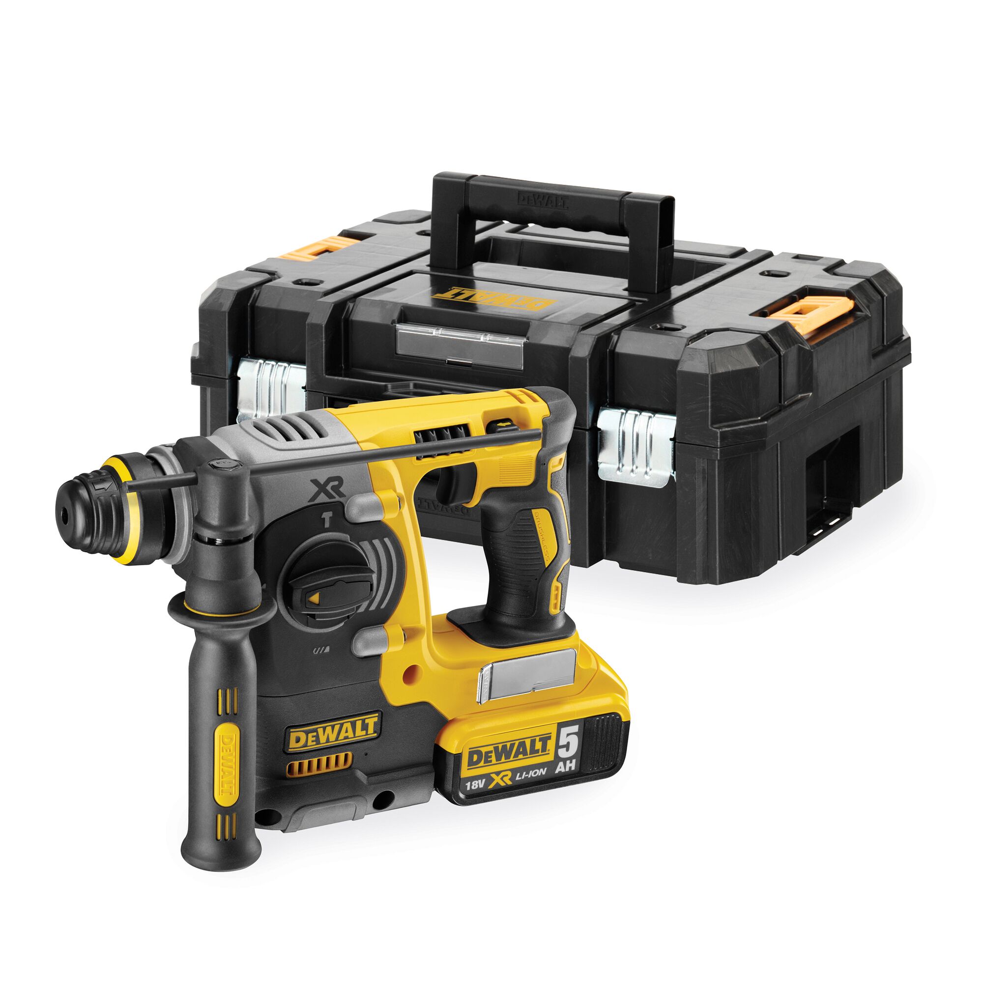 DEWALT cordless rotary hammer with battery and black carrying case.
