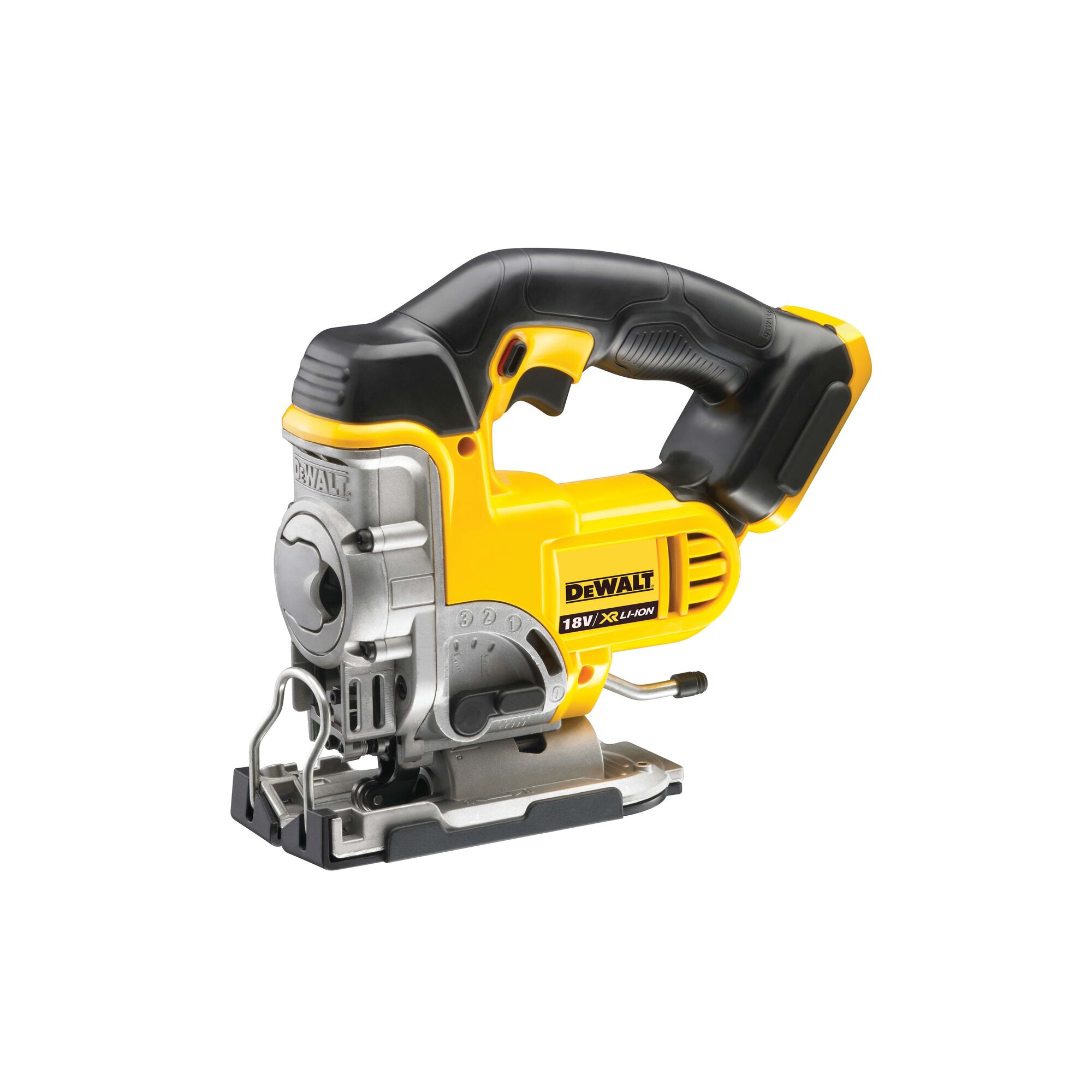 Cordless DEWALT 18V jigsaw with ergonomic handle and yellow-black design, suitable for precise wood cutting.