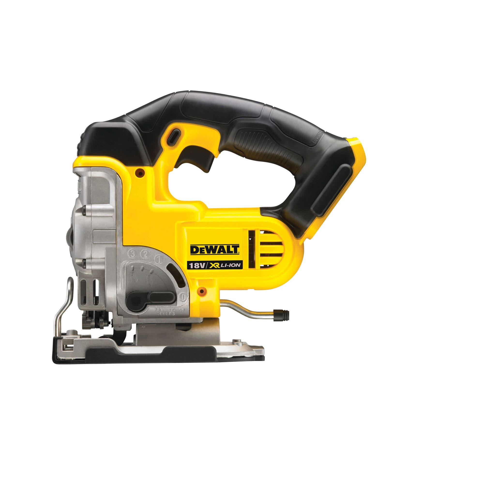 DEWALT DCS331N 18V cordless jigsaw with ergonomic handle and yellow-black design, side view on white background.
