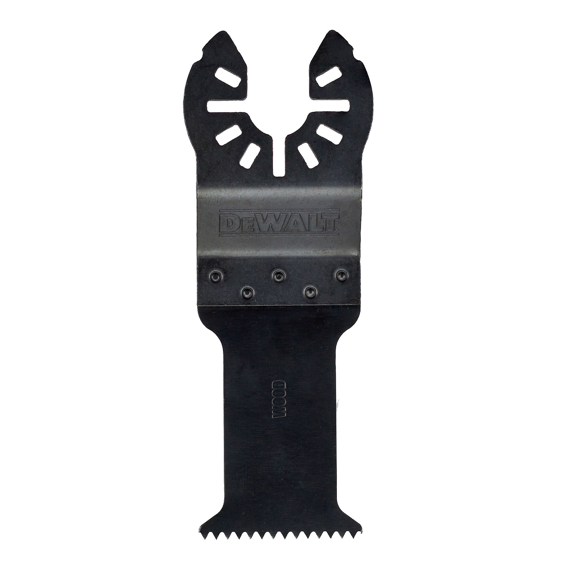 DEWALT saw blade for DCS355N-XJ, DCS355N SKUs. Photography product. Metal blade with teeth detail.