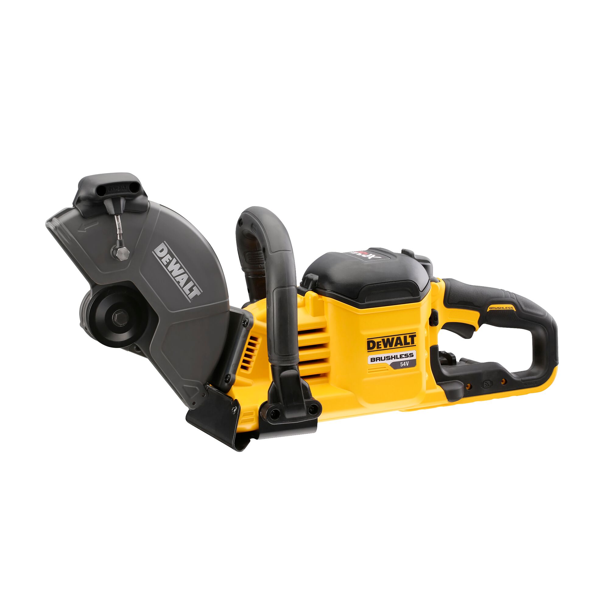 DEWALT cordless brushless power saw with a yellow and black handle, designed for heavy-duty cutting tasks.