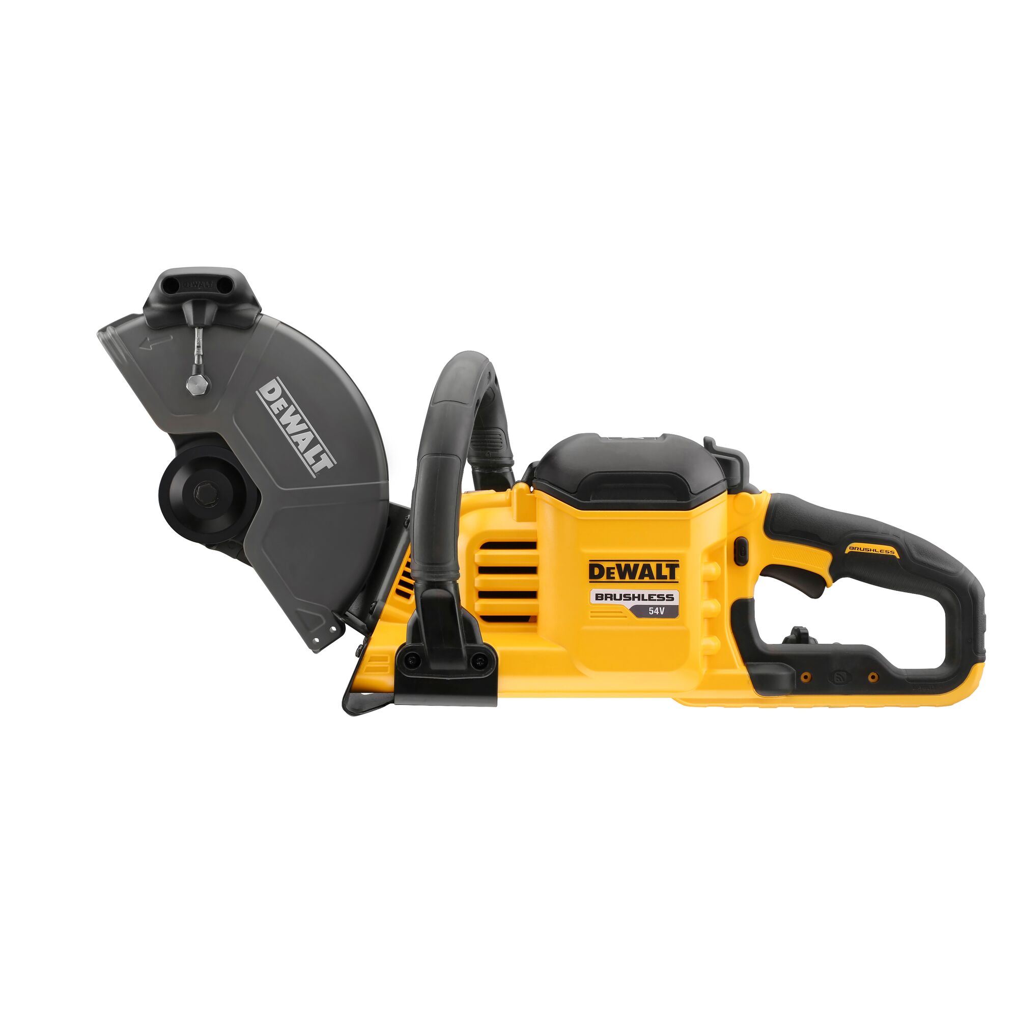 DEWALT DCS690N yellow corded cut-off saw with black handle and blade guard on white background.