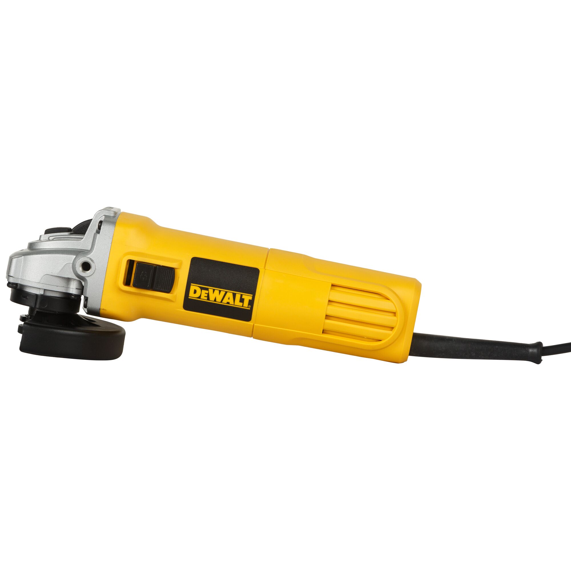 A DEWALT DW802 yellow electric angle grinder with a black power cord, shown on a white background.