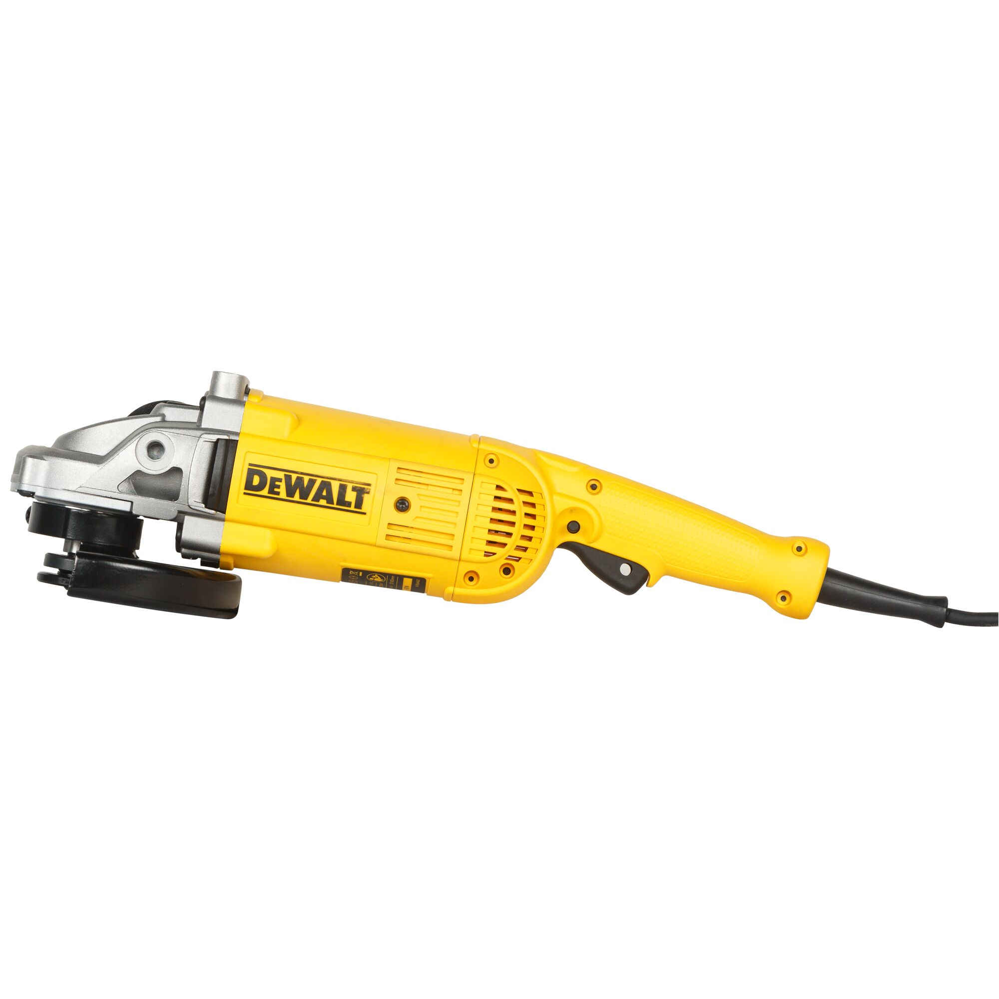 A yellow DEWALT angle grinder power tool, model DWE493, with a side handle and electrical cord.