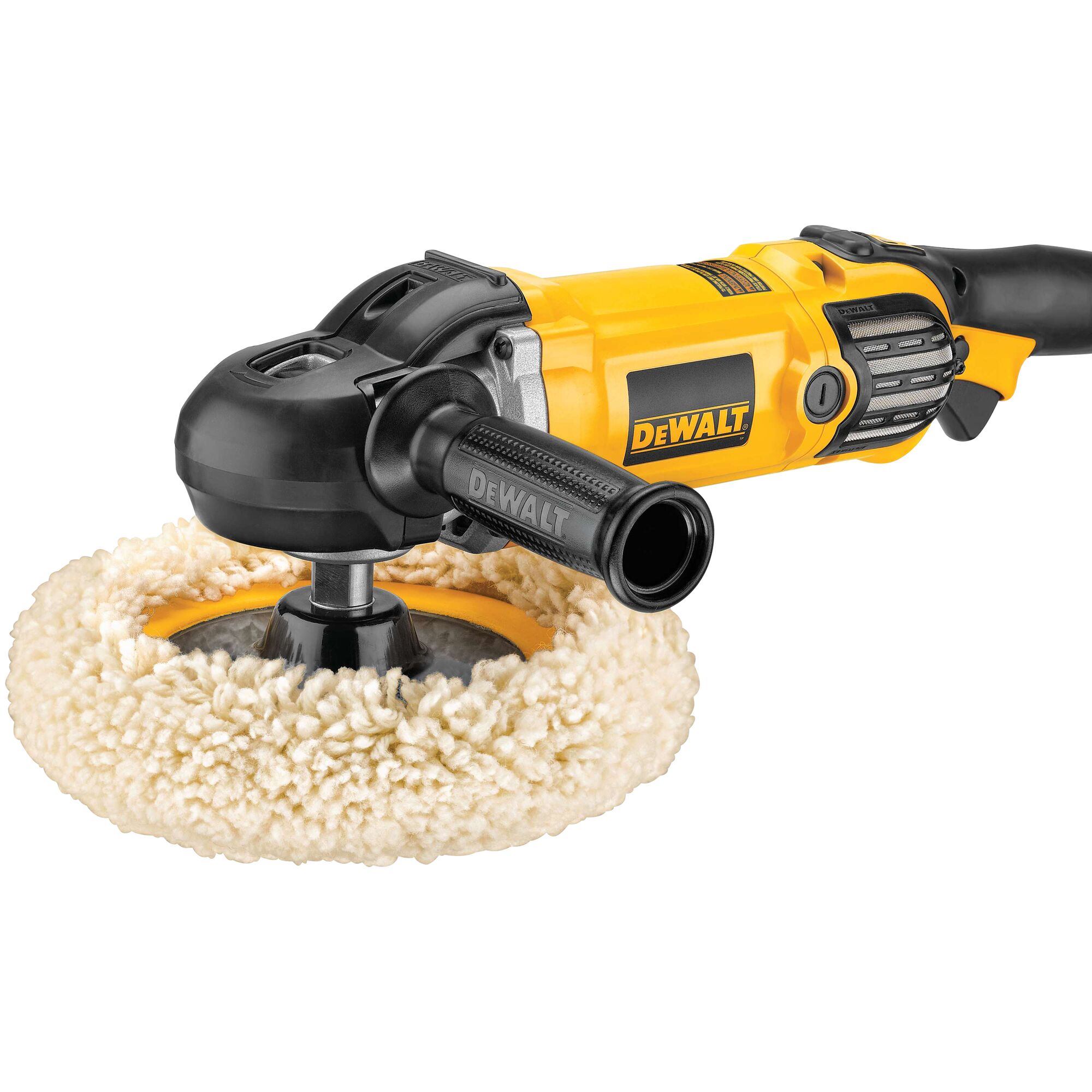 A professional yellow and black DEWALT power tool, specifically a polisher with a fluffy buffing pad attached. The tool has an ergonomic handle and is designed for surface polishing and finishing.