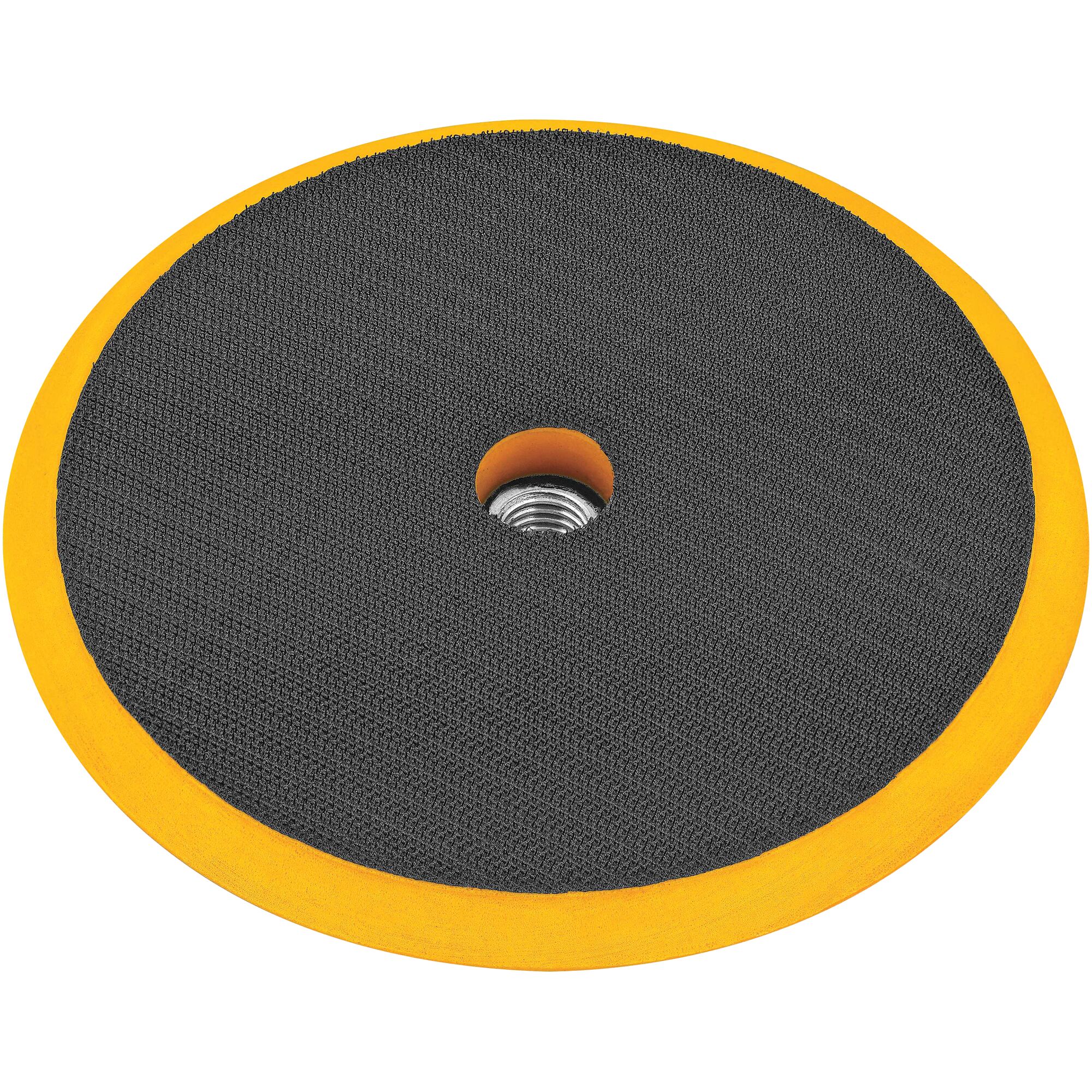 A close-up image of a round DEWALT polishing pad with a black textured surface and a yellow outer edge, featuring a central hole for attachment.
